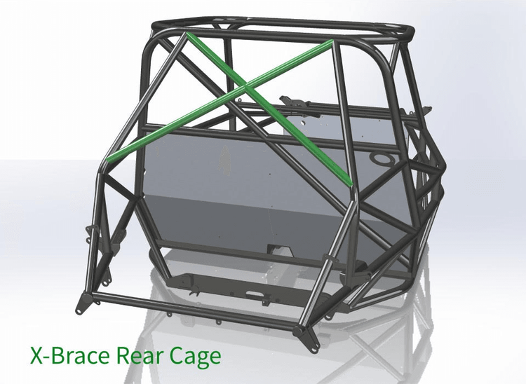 SolidWorks render of a Goblin V2 chassis viewed from the rear, showing the rear cage with two crossed diagonals above the engine bay highlighted in green.