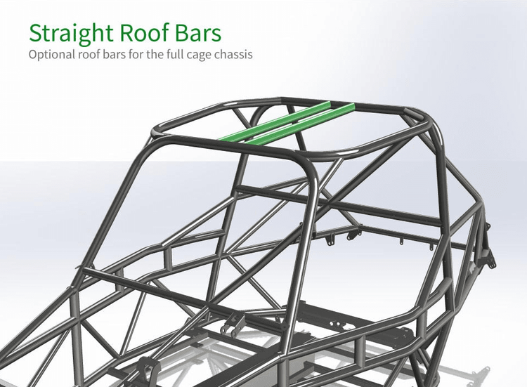 SolidWorks render of a Goblin V2 full cage chassis viewed from the front quarter, with two parallel roof bars running fore-to-aft between the front hoop and main hoop highlighted in green.