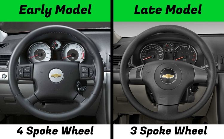 Chevrolet Cobalt steering wheel comparison showing early 4-spoke wheel versus late 3-spoke wheel, used to determine button wiring style for Goblin V1 button panels.