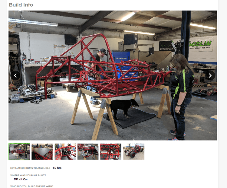 Build Info section of a Goblin Garage page showing a red V1 Goblin chassis on sawhorses in a shop, with a photo thumbnail strip and assembly details.