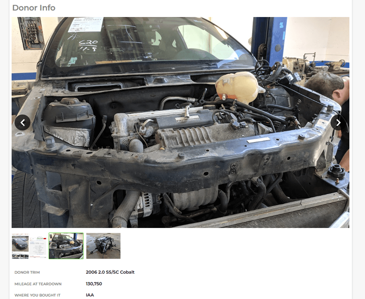 Donor Info section of a Goblin Garage page showing a Chevrolet Cobalt donor with the front clip removed, plus donor trim, mileage, and source fields.