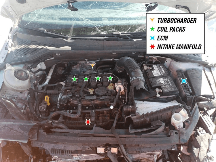 Mk7 Golf GTI engine bay with labeled components including turbocharger, coil packs, ECM, and intake manifold to help verify completeness and identify damage risk after a collision.