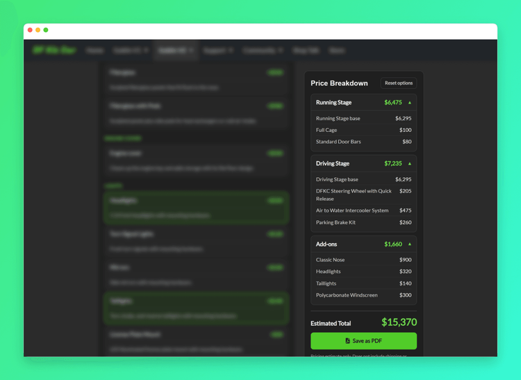 Expanded Price Breakdown panel in the Goblin V2 Build & Price tool, showing itemized costs under Running Stage, Driving Stage, and Add-ons, with an estimated total of $15,370.