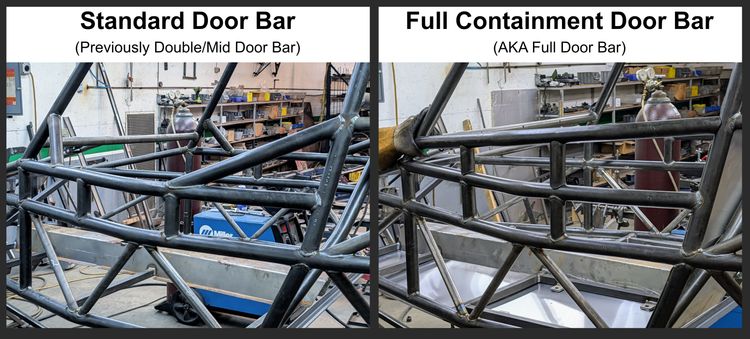 Side by side comparison graphic showing the Goblin V2 Standard door bars on the left, with two horizontal tubes at door height, and the new full containment door bars on the right, with additional horizontal tubes..