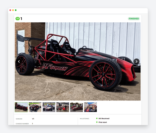 Goblin Garage showcase page for a finished red and black V1 Goblin, chassis number 1, with a photo carousel and build milestones.